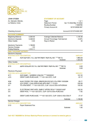Download Cuba Banco Central de Cuba bank statement excel Photoshop template